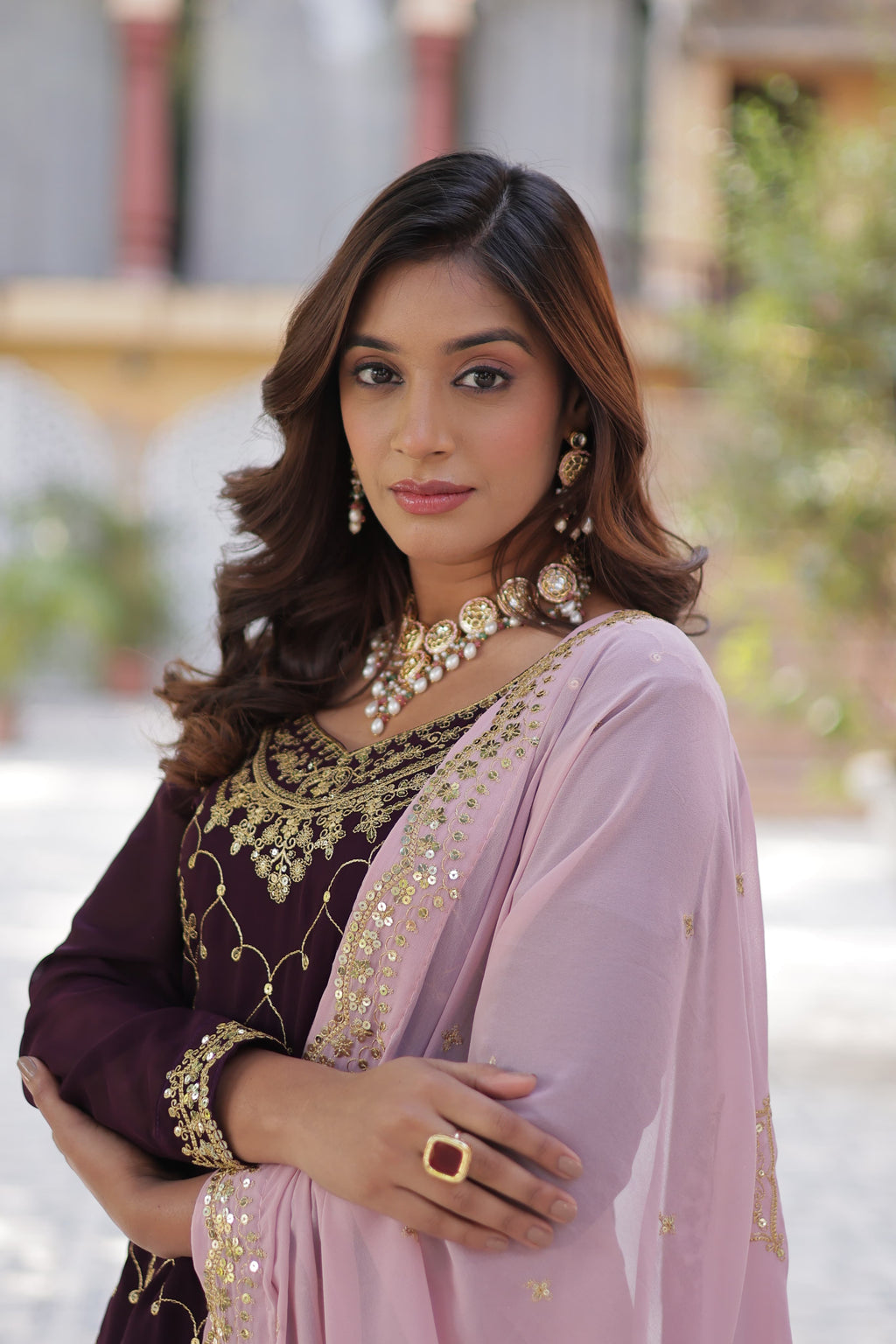 Mesmerizing Faux Georgette Sequins Embroidered Top Palazzo Suit - Ethnicwish