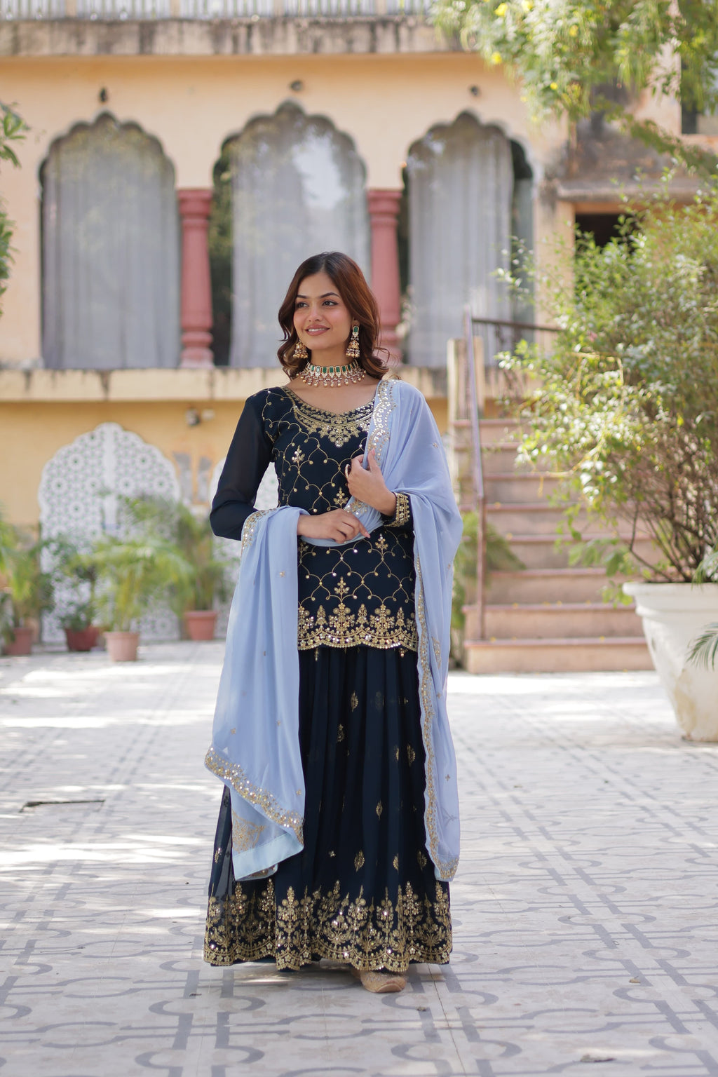 Mesmerizing Faux Georgette Sequins Embroidered Top Palazzo Suit - Ethnicwish