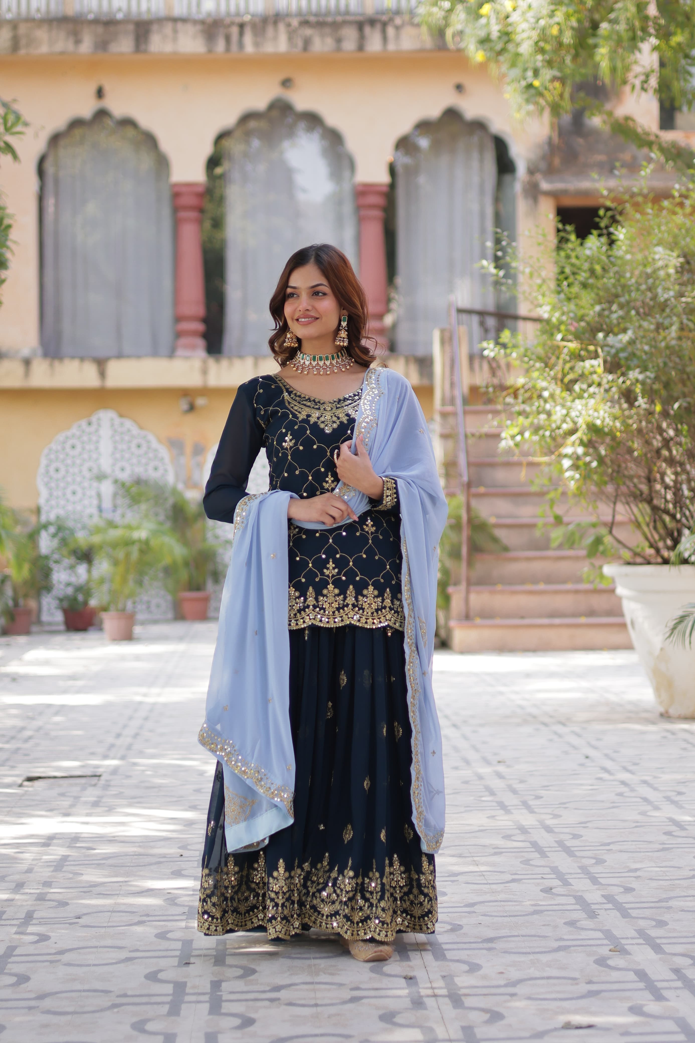 Mesmerizing Faux Georgette Sequins Embroidered Top Palazzo Suit - Ethnicwish