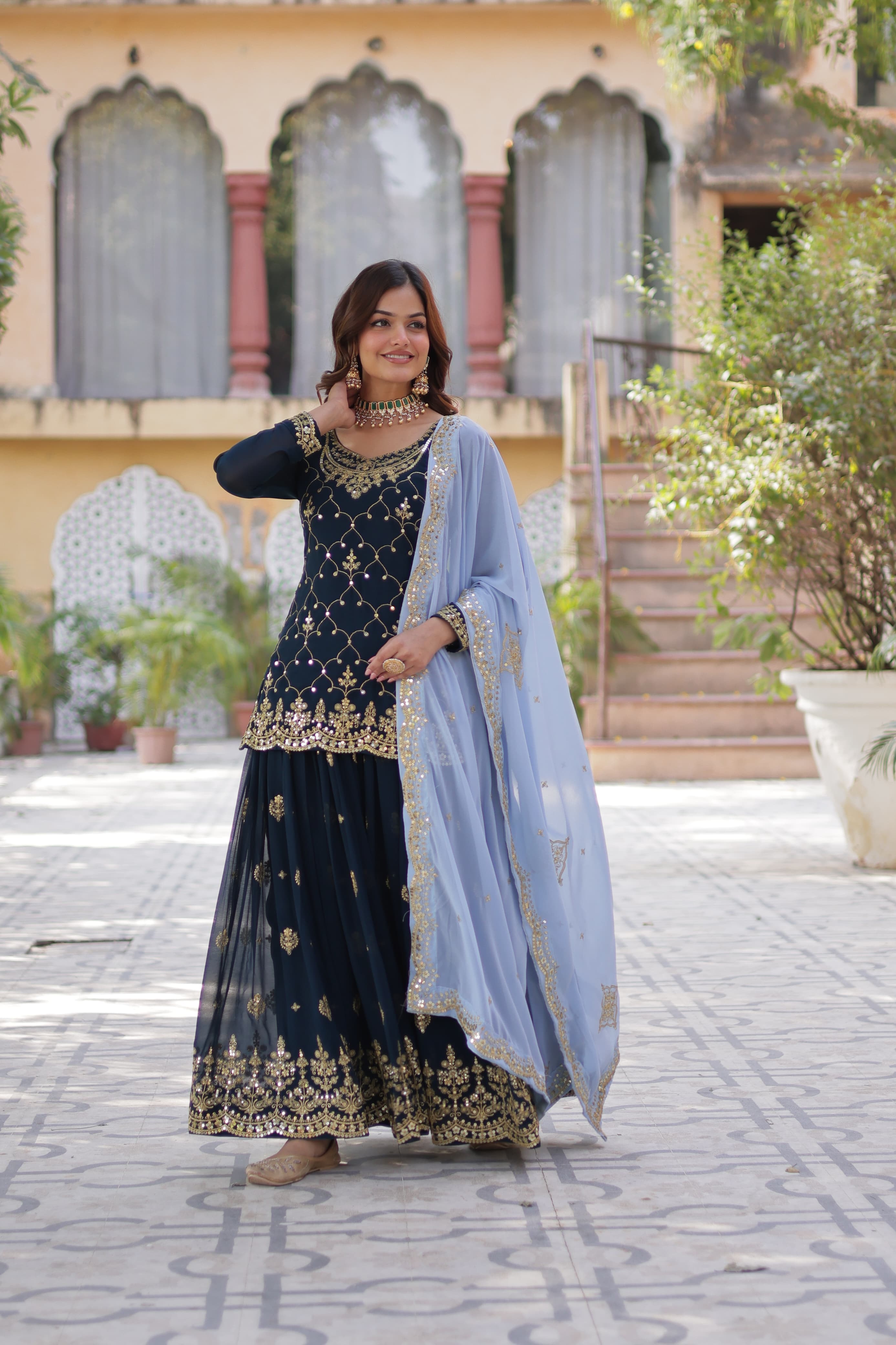 Mesmerizing Faux Georgette Sequins Embroidered Top Palazzo Suit - Ethnicwish