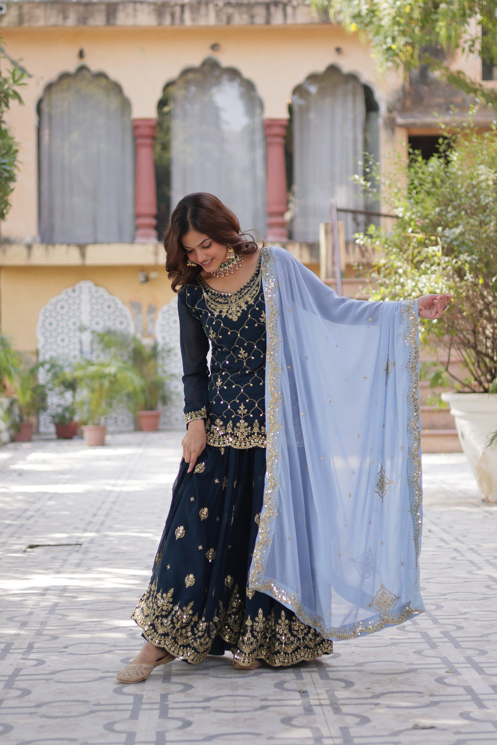 Mesmerizing Faux Georgette Sequins Embroidered Top Palazzo Suit - Ethnicwish