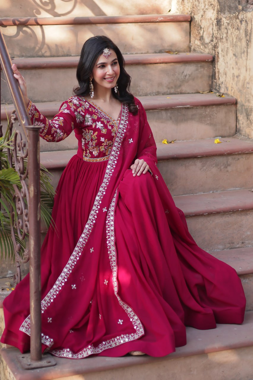 Magnificent Faux Georgette Zari Sequins Embroidered Gown With Dupatta - Ethnicwish
