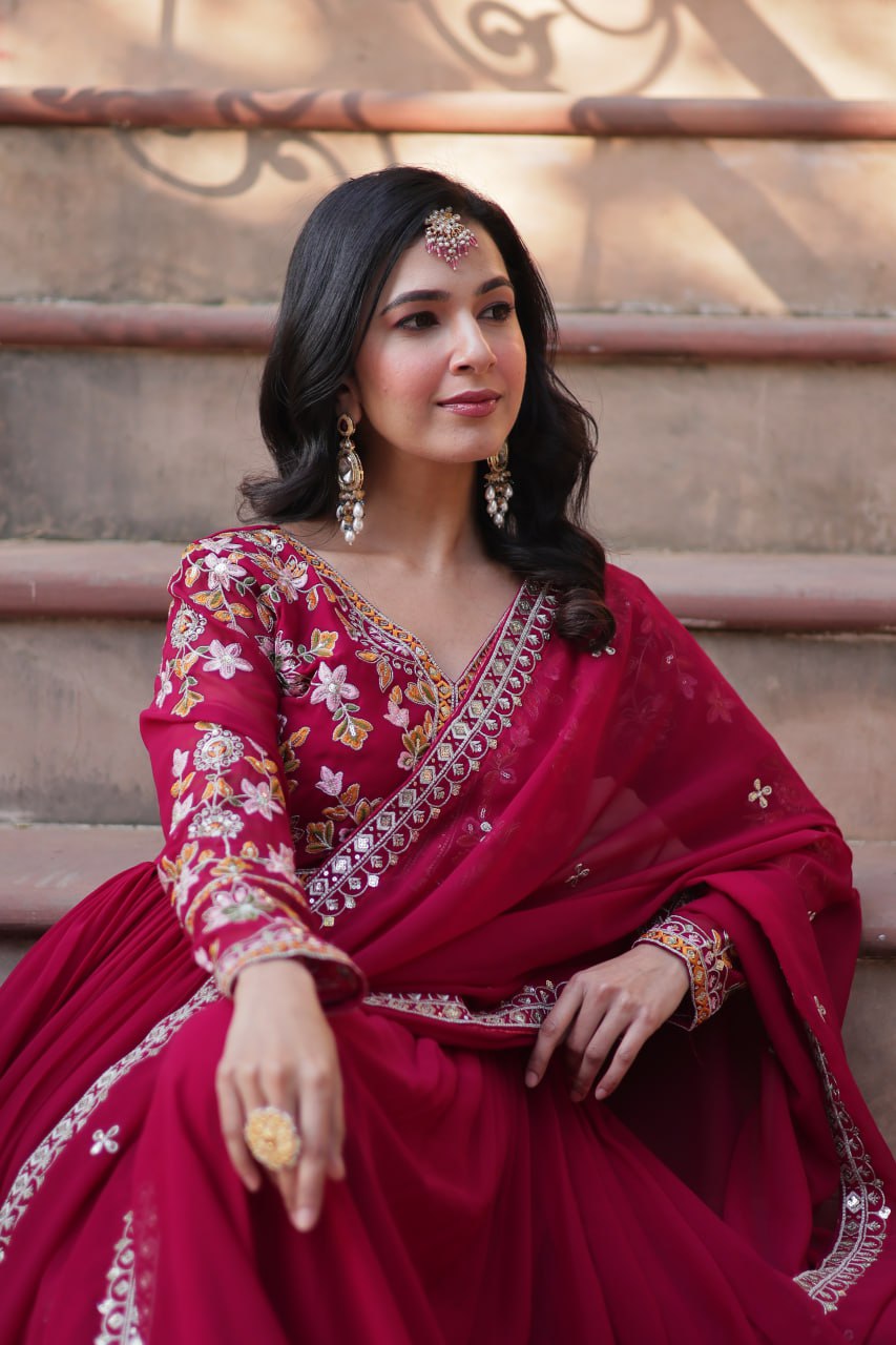 Magnificent Faux Georgette Zari Sequins Embroidered Gown With Dupatta - Ethnicwish