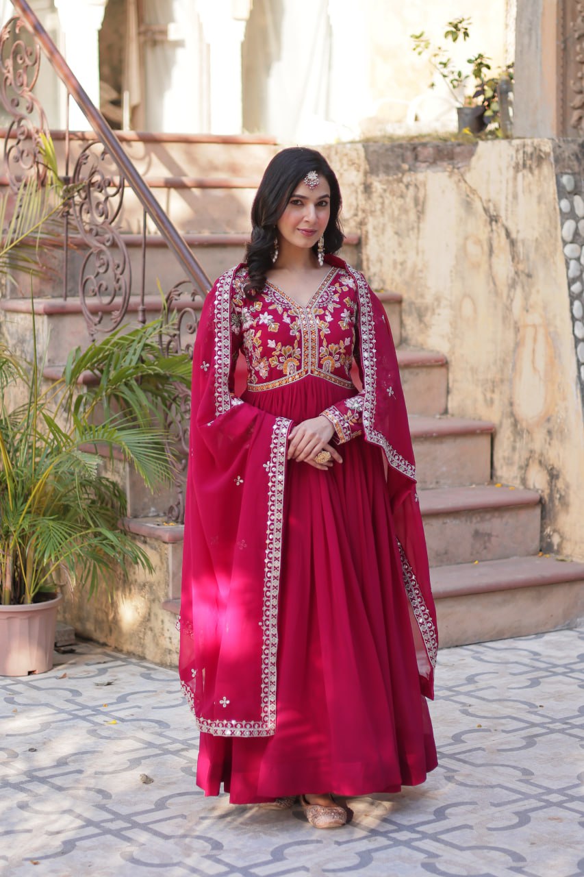 Magnificent Faux Georgette Zari Sequins Embroidered Gown With Dupatta - Ethnicwish