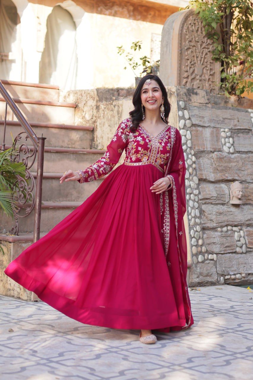 Magnificent Faux Georgette Zari Sequins Embroidered Gown With Dupatta - Ethnicwish