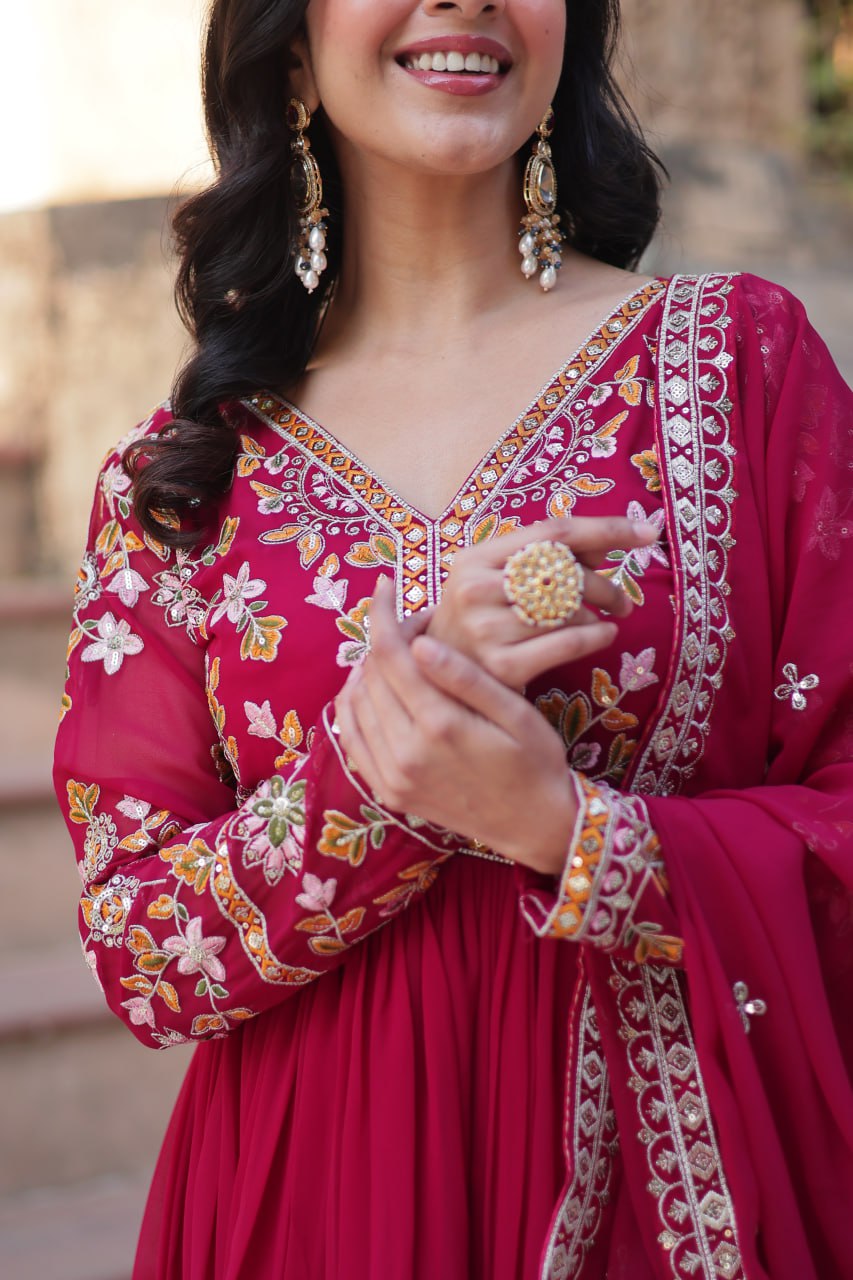 Magnificent Faux Georgette Zari Sequins Embroidered Gown With Dupatta - Ethnicwish