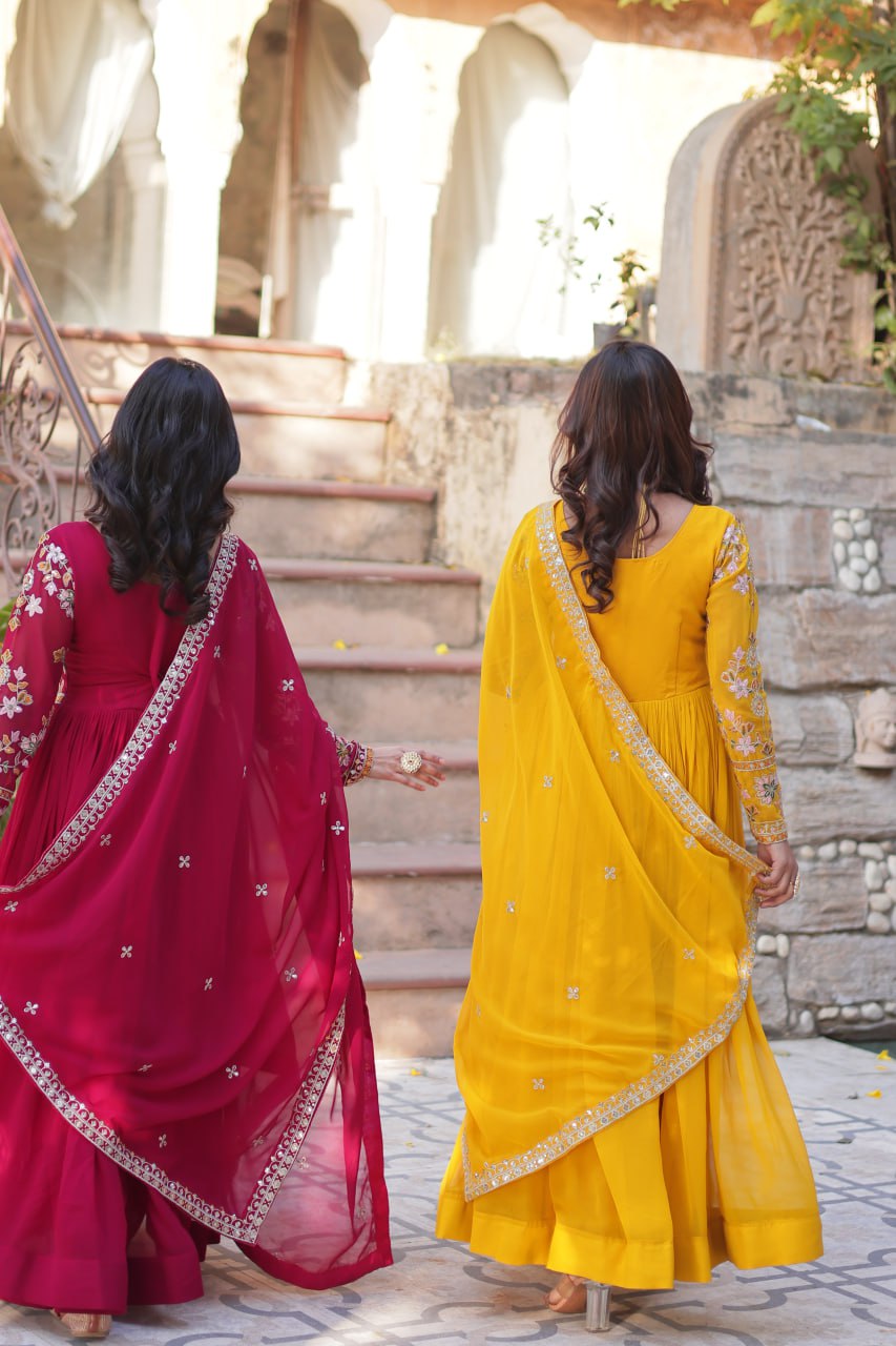 Magnificent Faux Georgette Zari Sequins Embroidered Gown With Dupatta - Ethnicwish