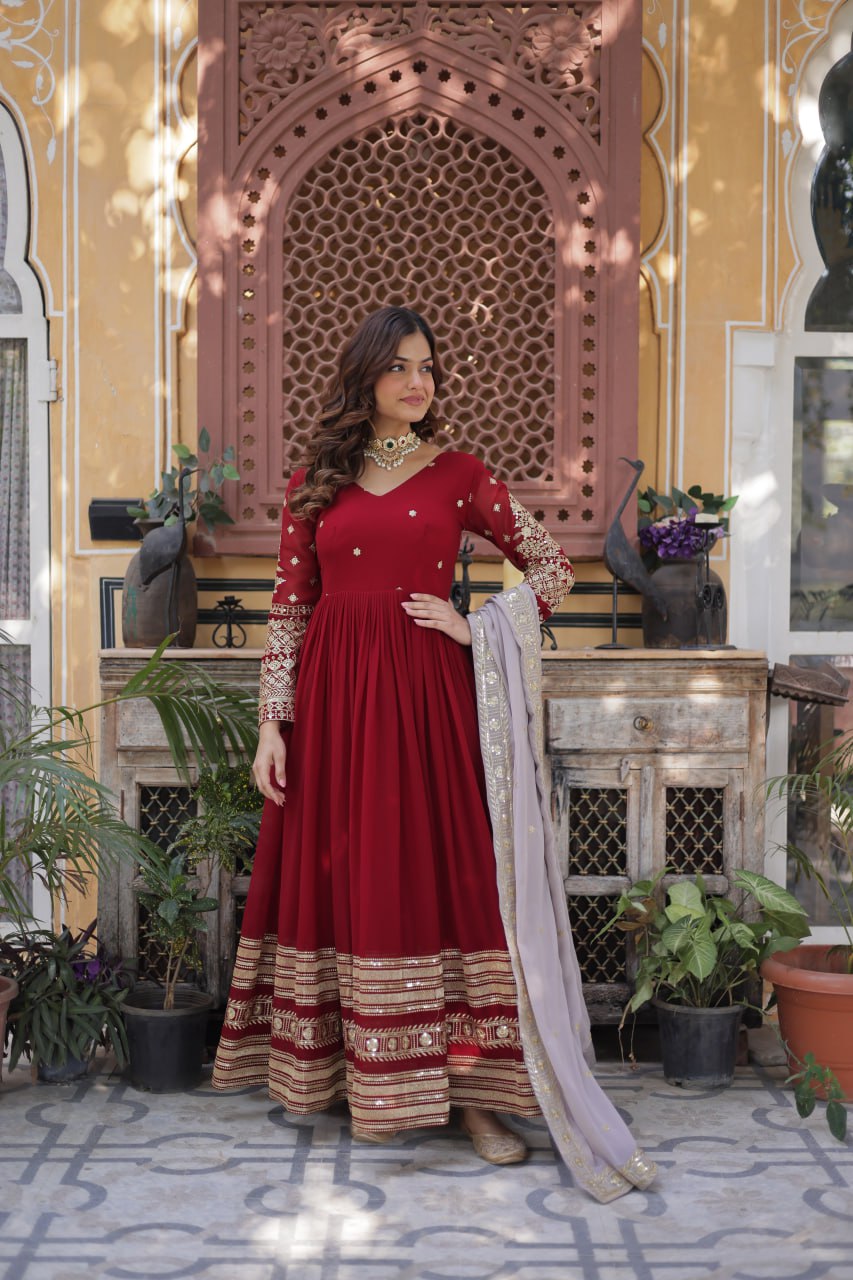 Spellbinding Maroon Faux Georgettte Embroidered Sequins Worked Gown - Ethnicwish