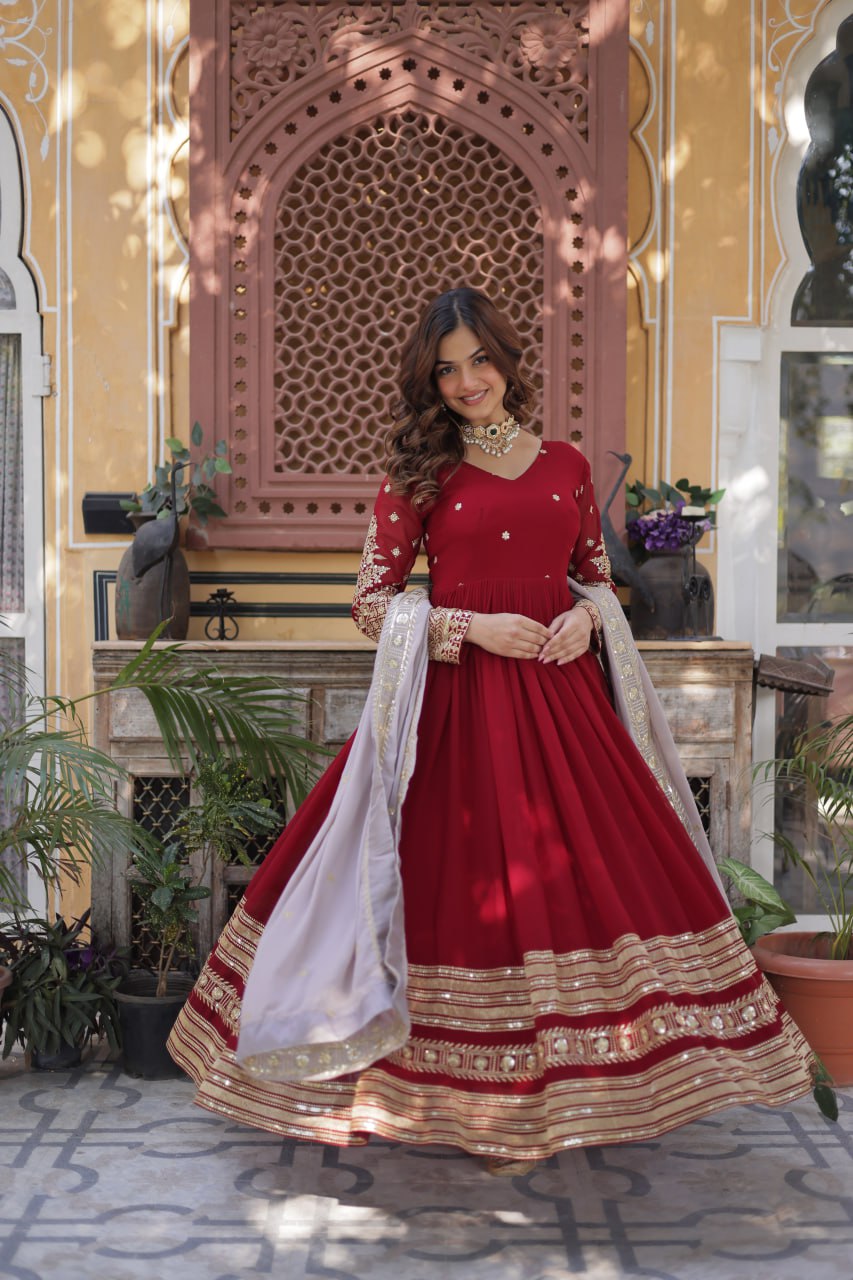 Spellbinding Maroon Faux Georgettte Embroidered Sequins Worked Gown - Ethnicwish