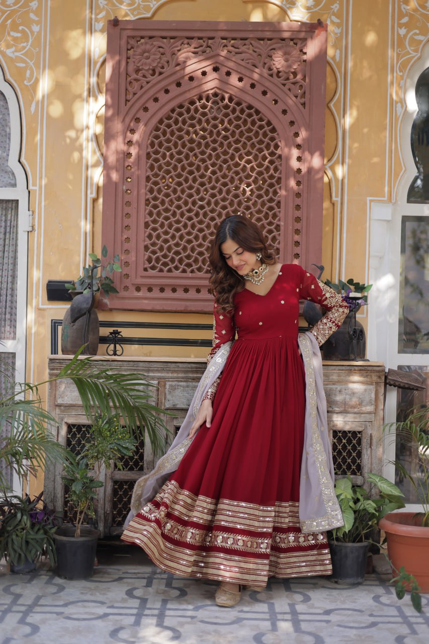 Spellbinding Maroon Faux Georgettte Embroidered Sequins Worked Gown - Ethnicwish