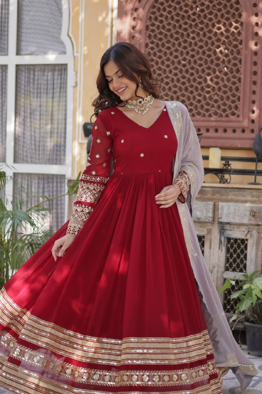 Spellbinding Maroon Faux Georgettte Embroidered Sequins Worked Gown - Ethnicwish