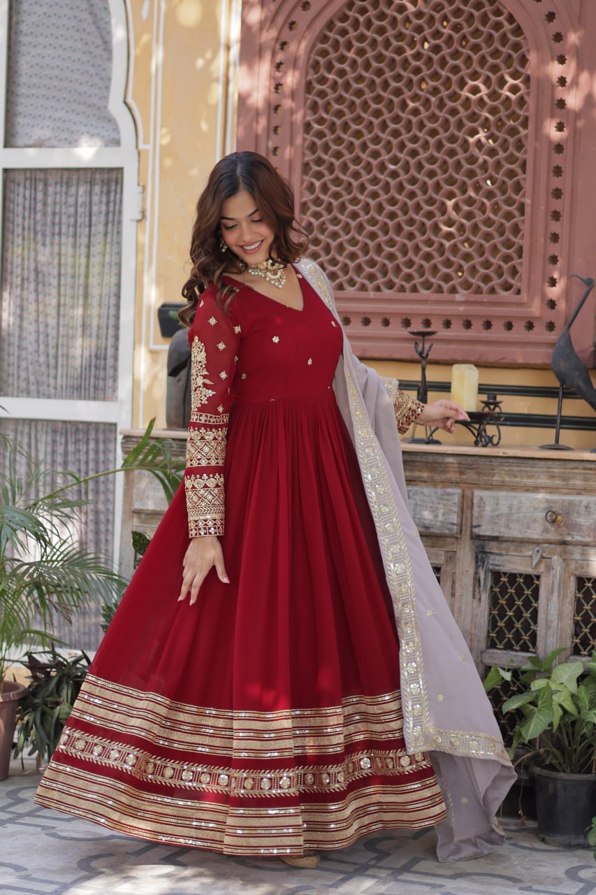 Spellbinding Maroon Faux Georgettte Embroidered Sequins Worked Gown - Ethnicwish