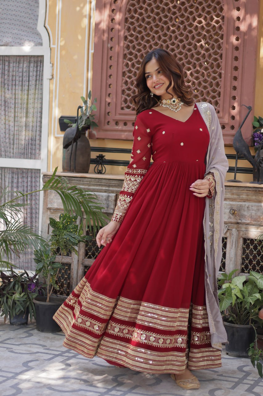 Spellbinding Maroon Faux Georgettte Embroidered Sequins Worked Gown - Ethnicwish