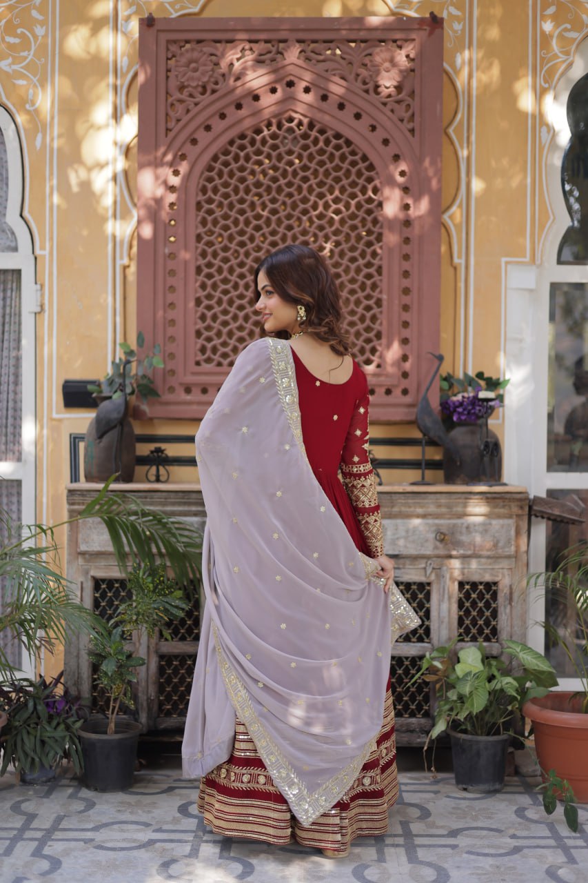 Spellbinding Maroon Faux Georgettte Embroidered Sequins Worked Gown - Ethnicwish