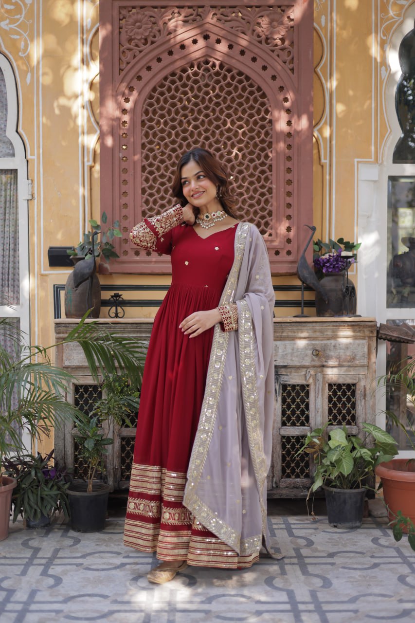 Spellbinding Maroon Faux Georgettte Embroidered Sequins Worked Gown - Ethnicwish