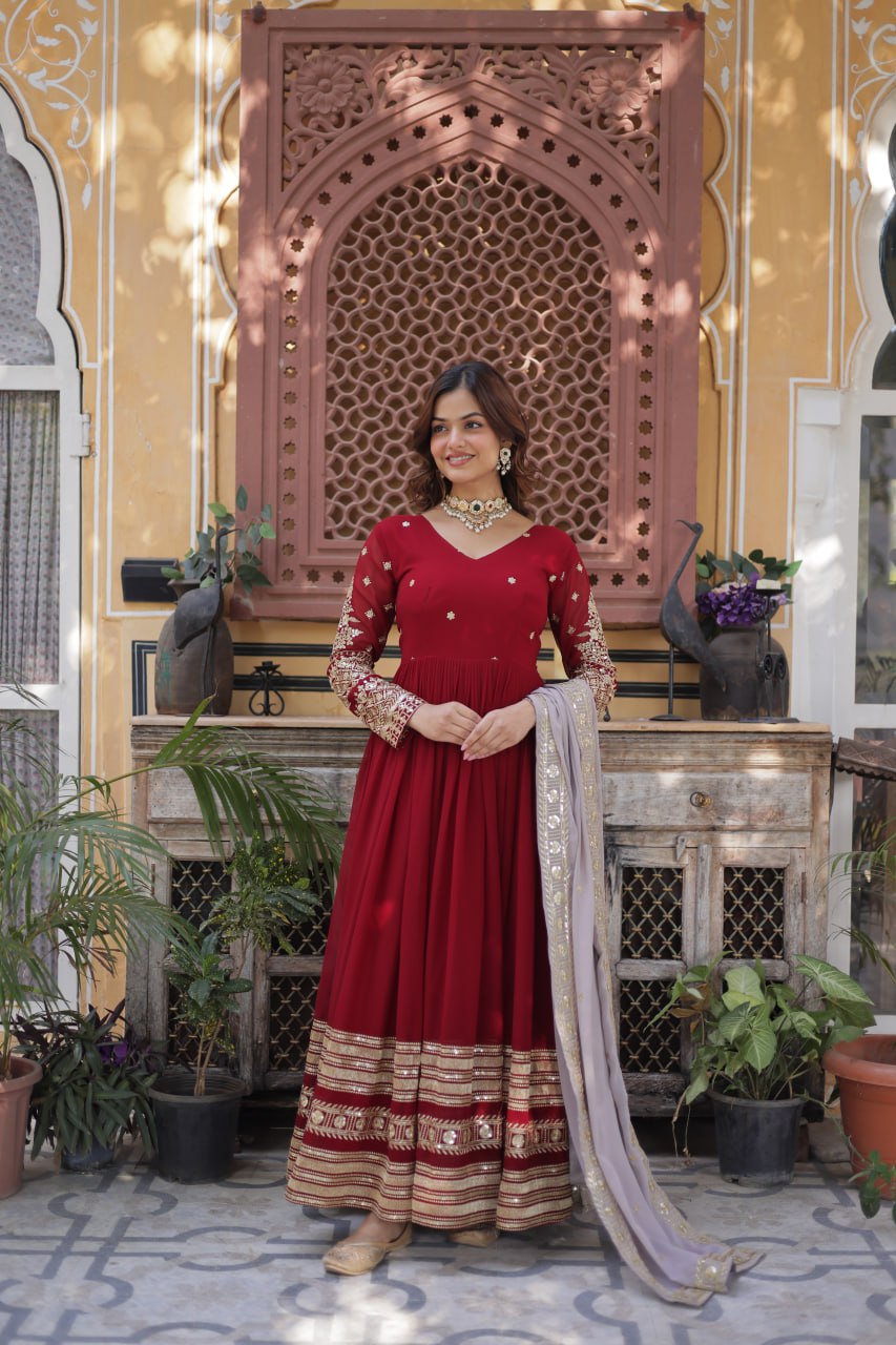 Spellbinding Maroon Faux Georgettte Embroidered Sequins Worked Gown - Ethnicwish