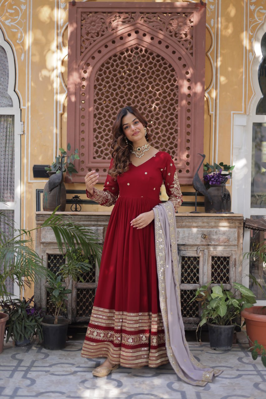 Spellbinding Maroon Faux Georgettte Embroidered Sequins Worked Gown - Ethnicwish