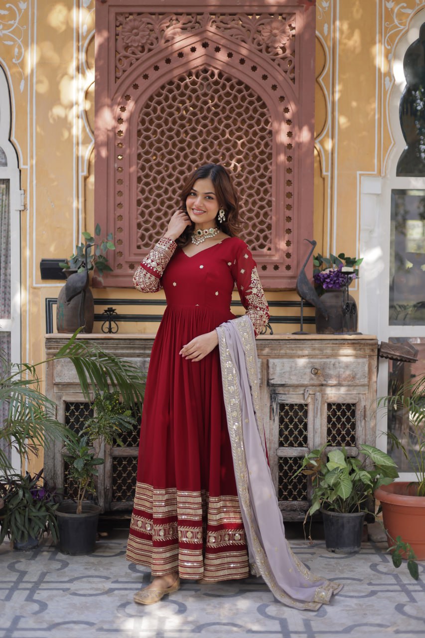 Spellbinding Maroon Faux Georgettte Embroidered Sequins Worked Gown - Ethnicwish
