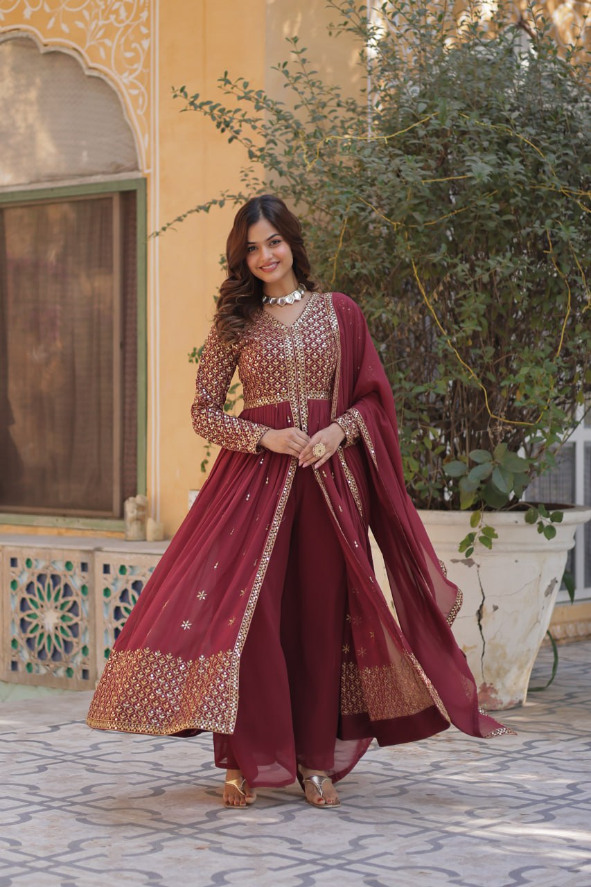Graceful Elegance – Embroidered Faux Georgette Suit Set - Ethnicwish
