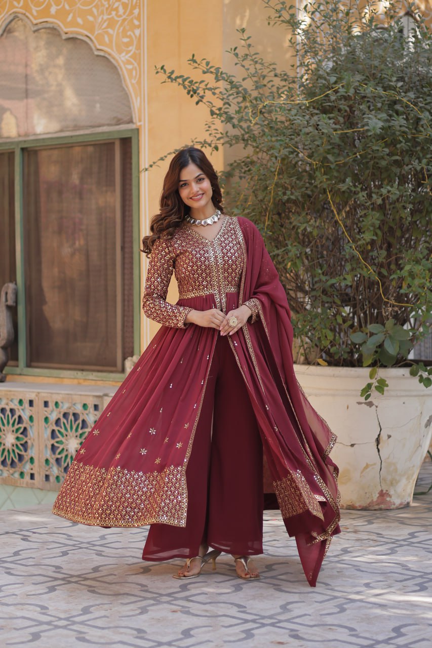 Graceful Elegance – Embroidered Faux Georgette Suit Set - Ethnicwish