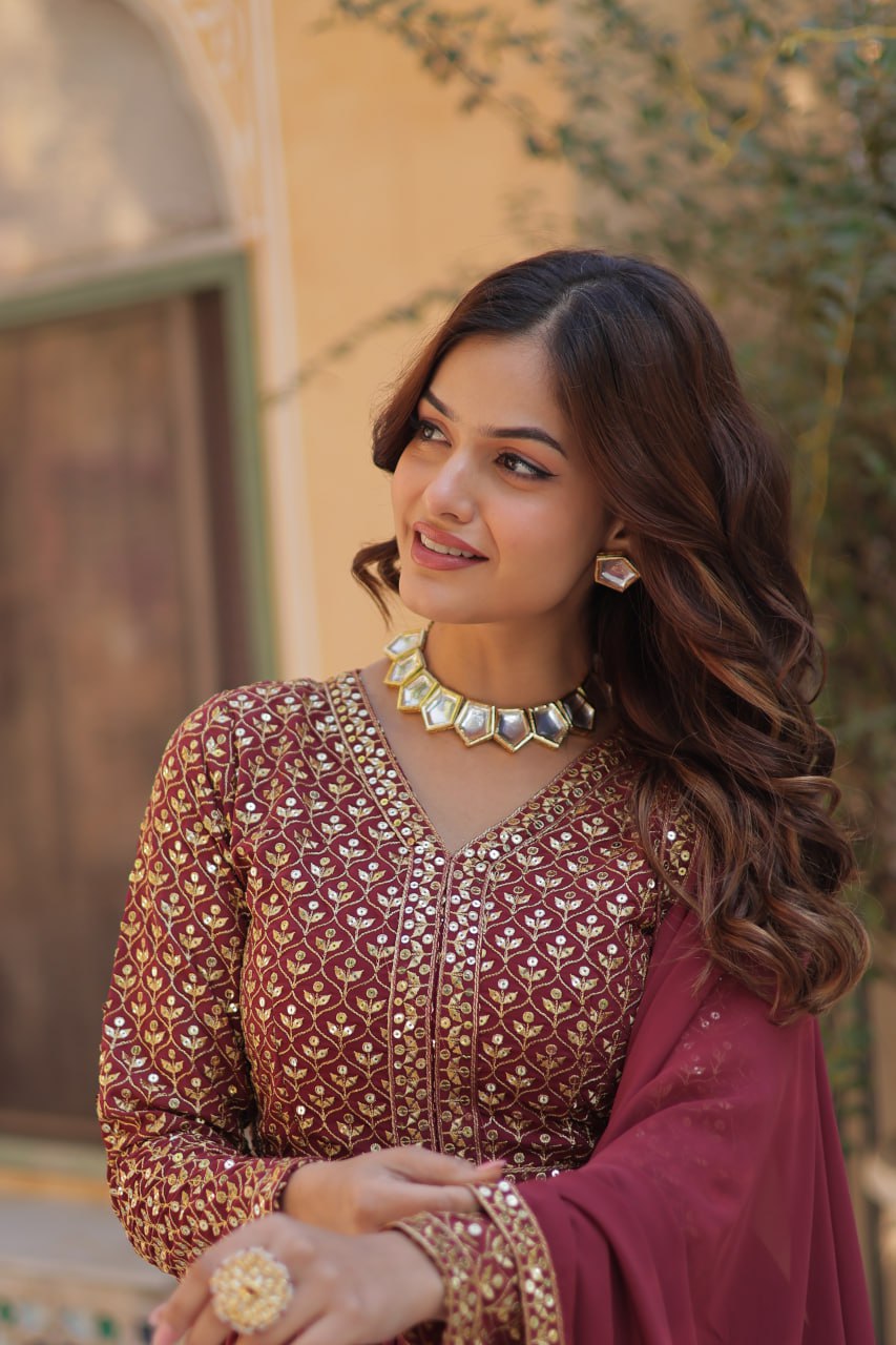 Graceful Elegance – Embroidered Faux Georgette Suit Set - Ethnicwish