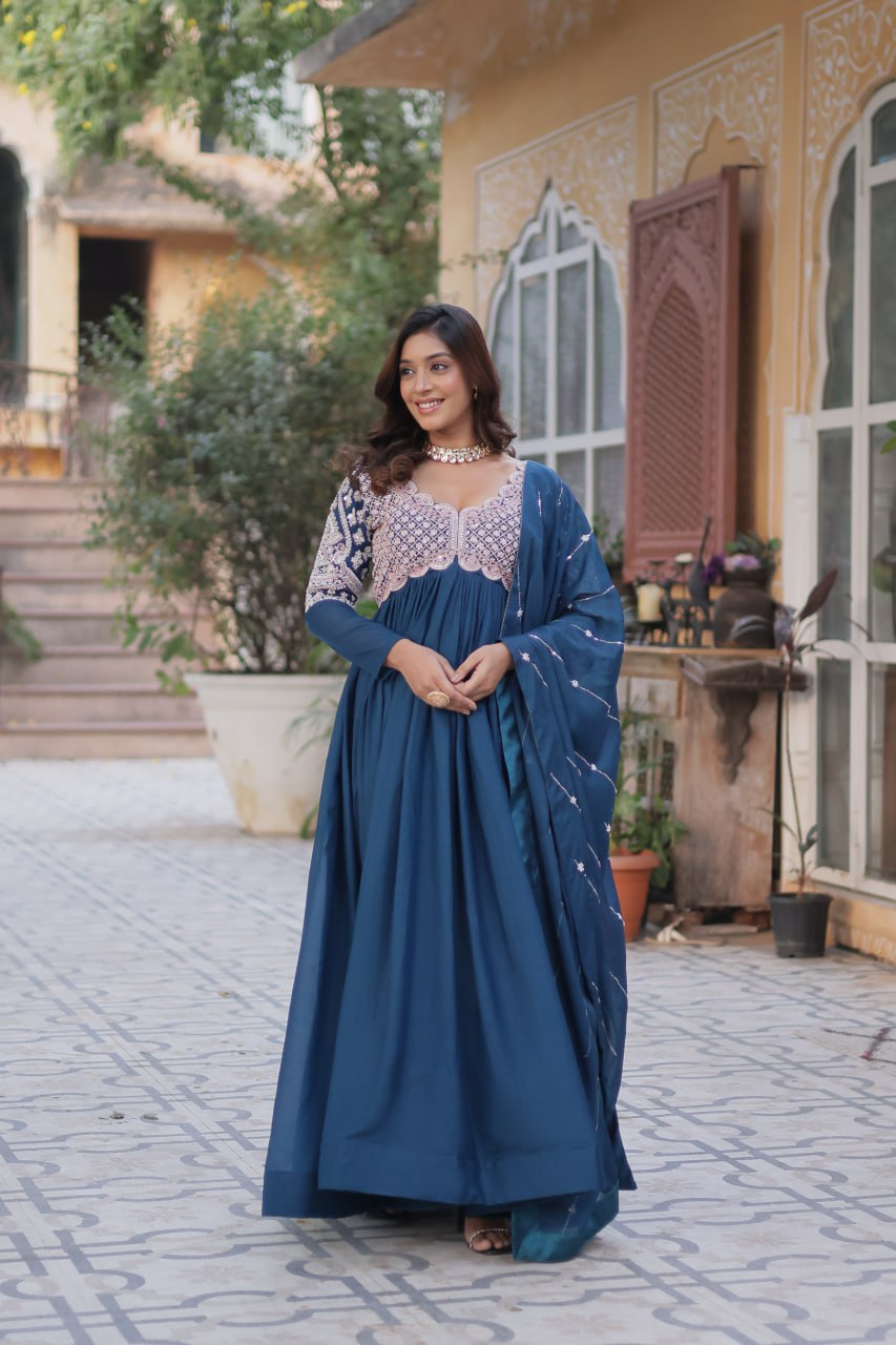 Ethereal Elegance – Embroidered Star Georgette Gown with Dupatta - Ethnicwish