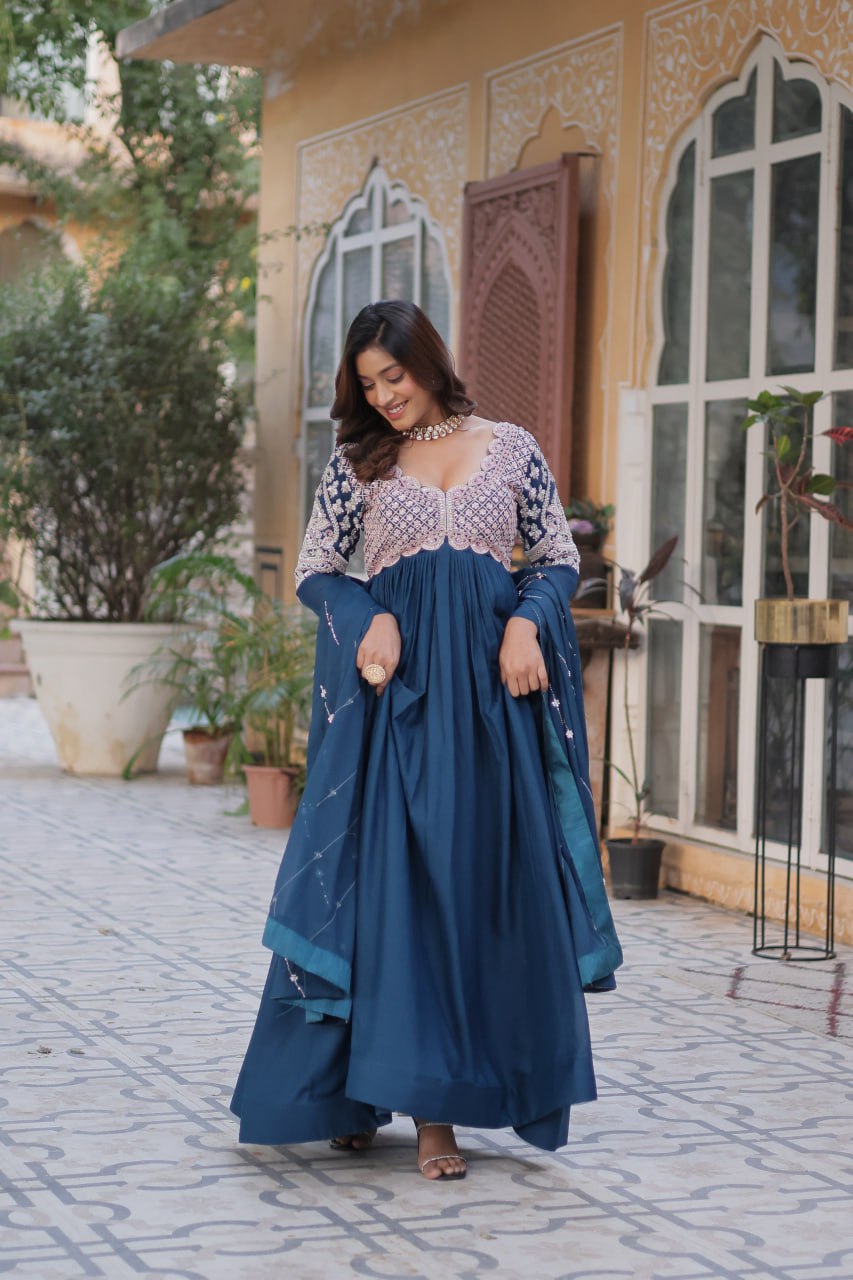 Ethereal Elegance – Embroidered Star Georgette Gown with Dupatta - Ethnicwish