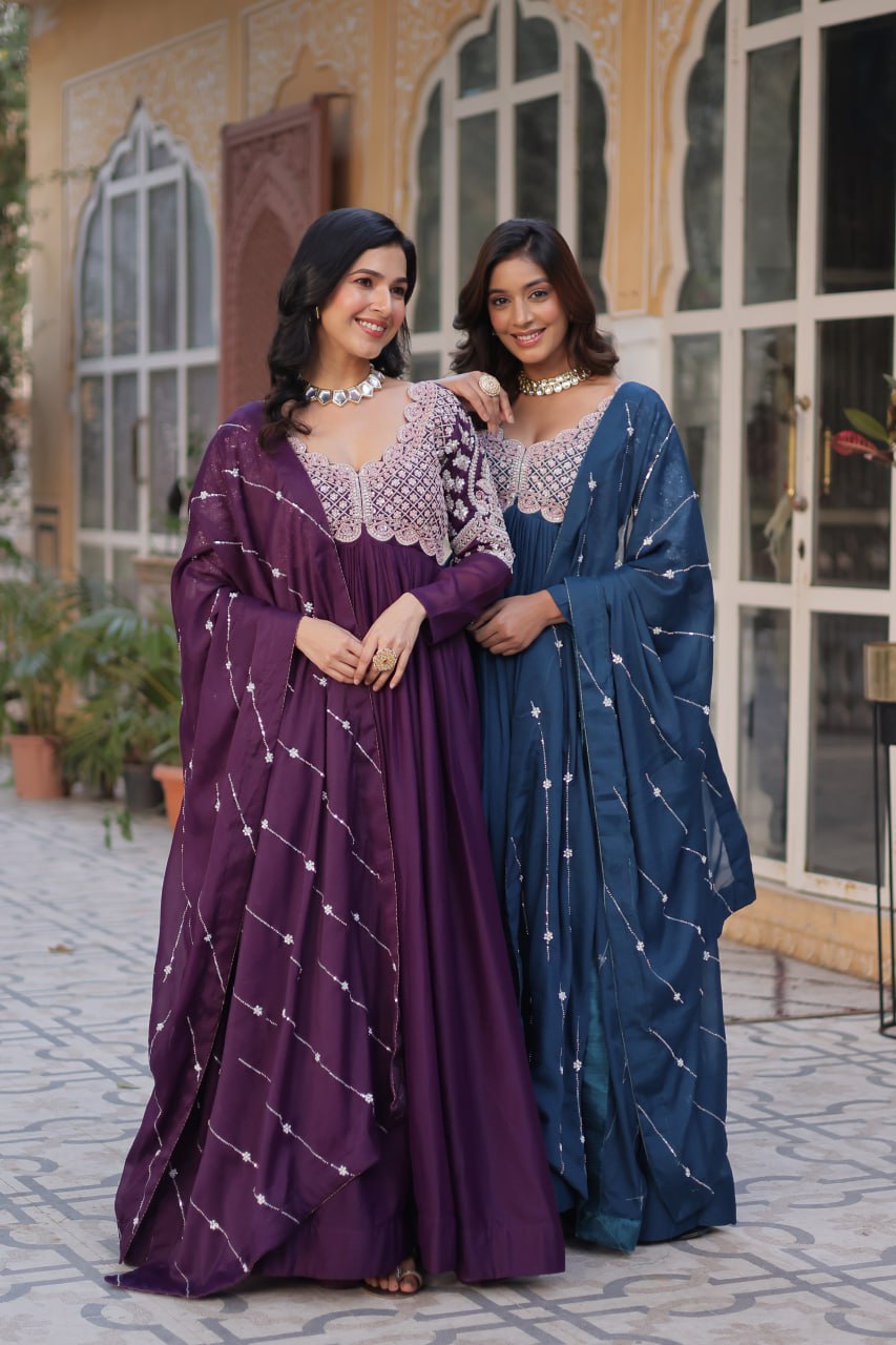 Ethereal Elegance – Embroidered Star Georgette Gown with Dupatta - Ethnicwish