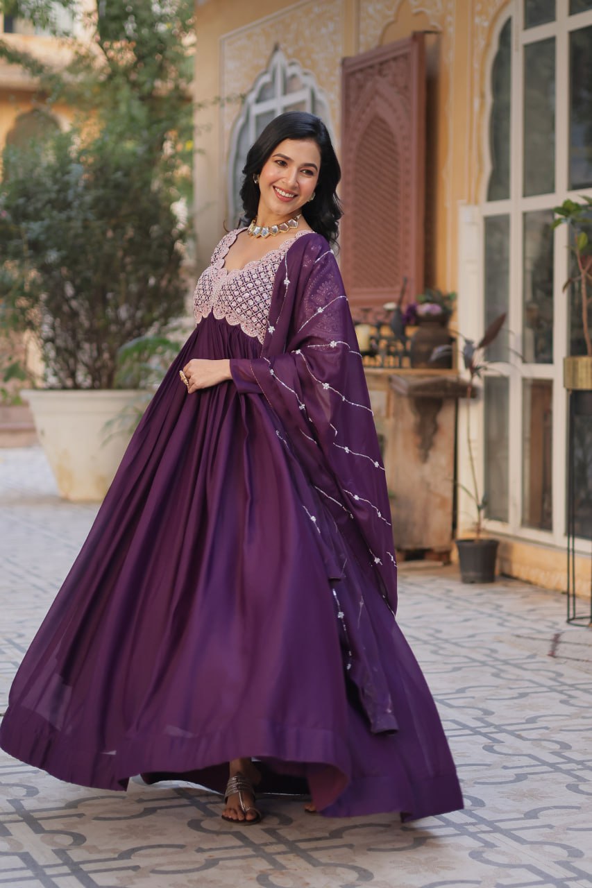 Ethereal Elegance – Embroidered Star Georgette Gown with Dupatta - Ethnicwish