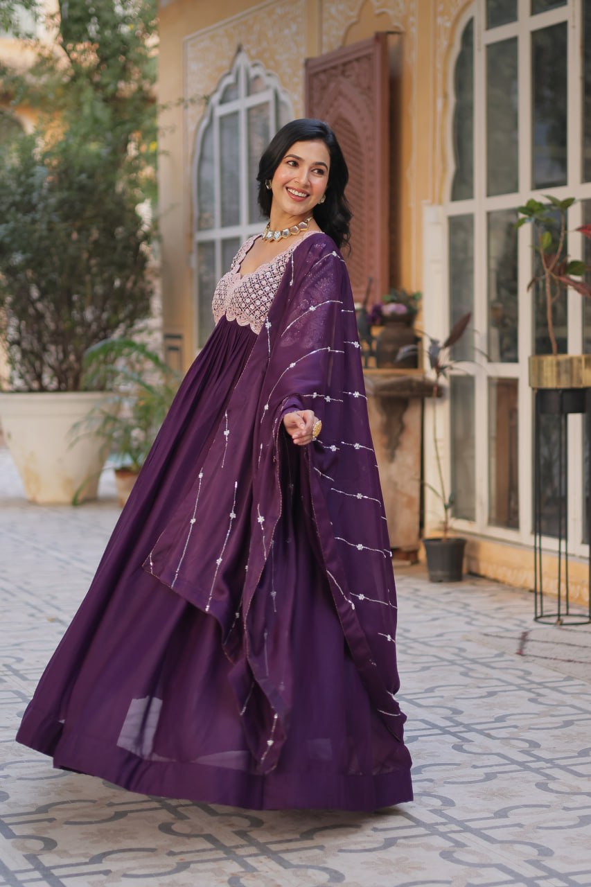 Ethereal Elegance – Embroidered Star Georgette Gown with Dupatta - Ethnicwish