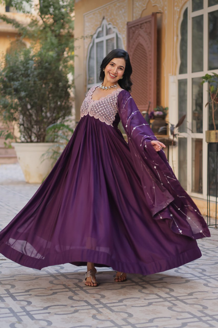Ethereal Elegance – Embroidered Star Georgette Gown with Dupatta - Ethnicwish