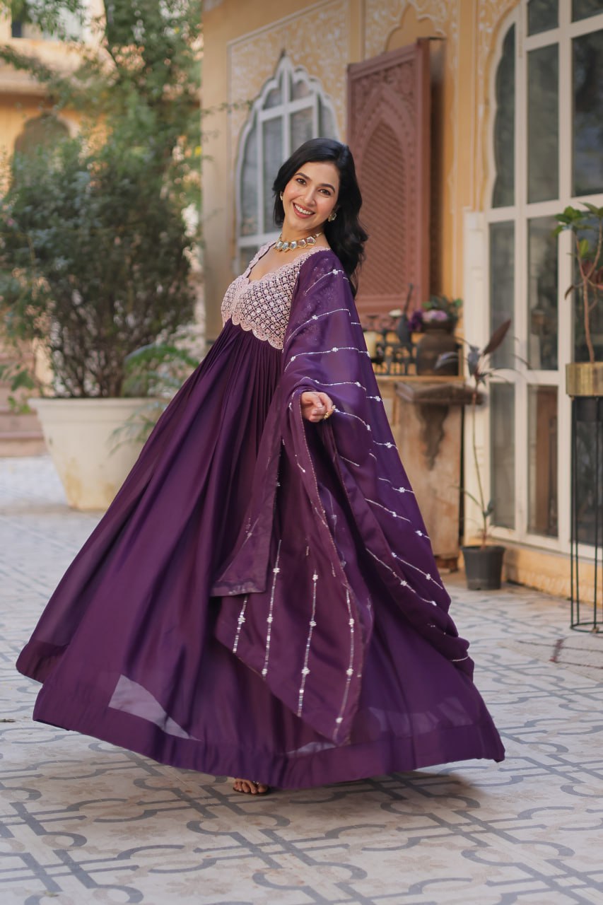 Ethereal Elegance – Embroidered Star Georgette Gown with Dupatta - Ethnicwish