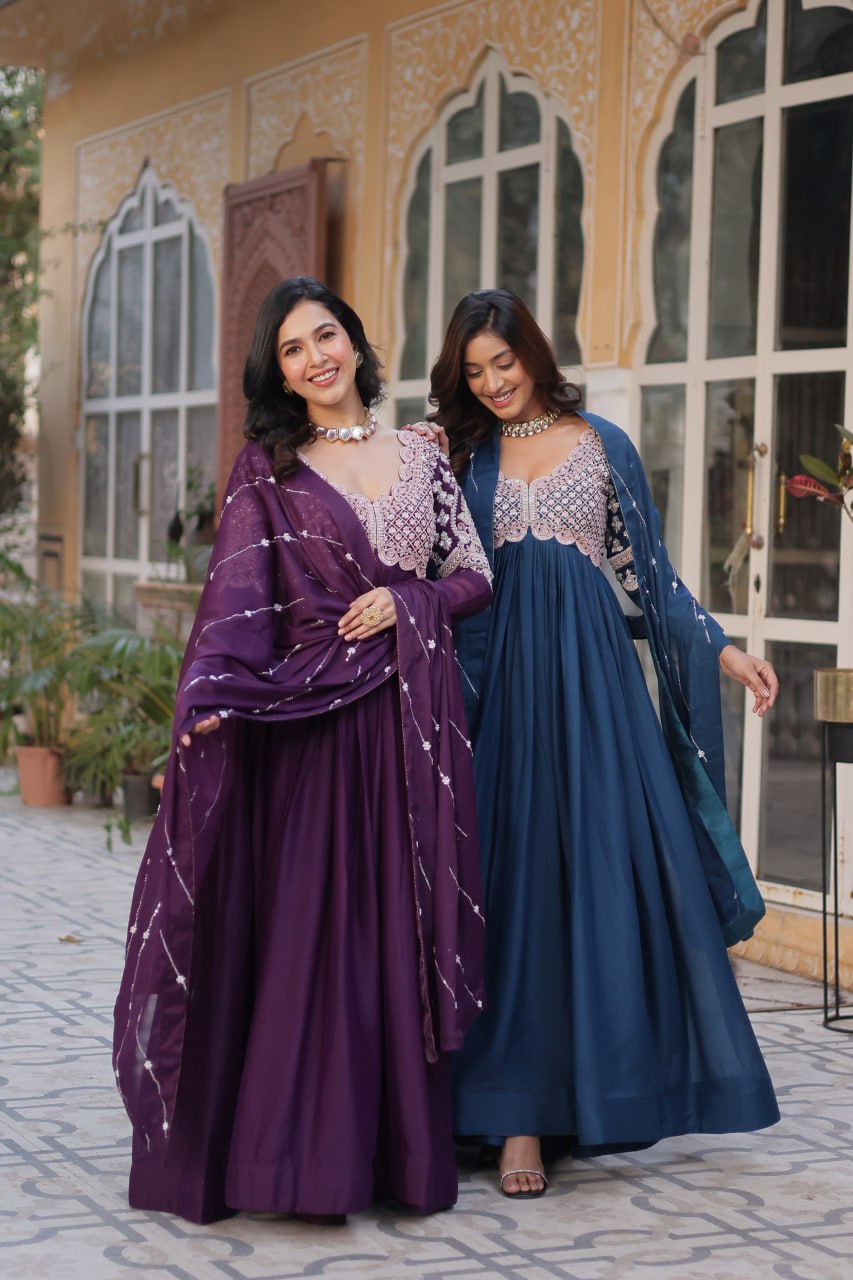 Ethereal Elegance – Embroidered Star Georgette Gown with Dupatta - Ethnicwish