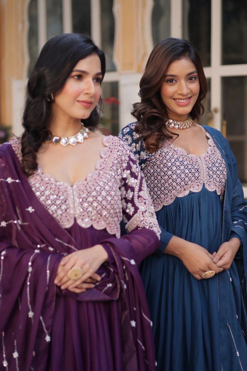 Ethereal Elegance – Embroidered Star Georgette Gown with Dupatta - Ethnicwish