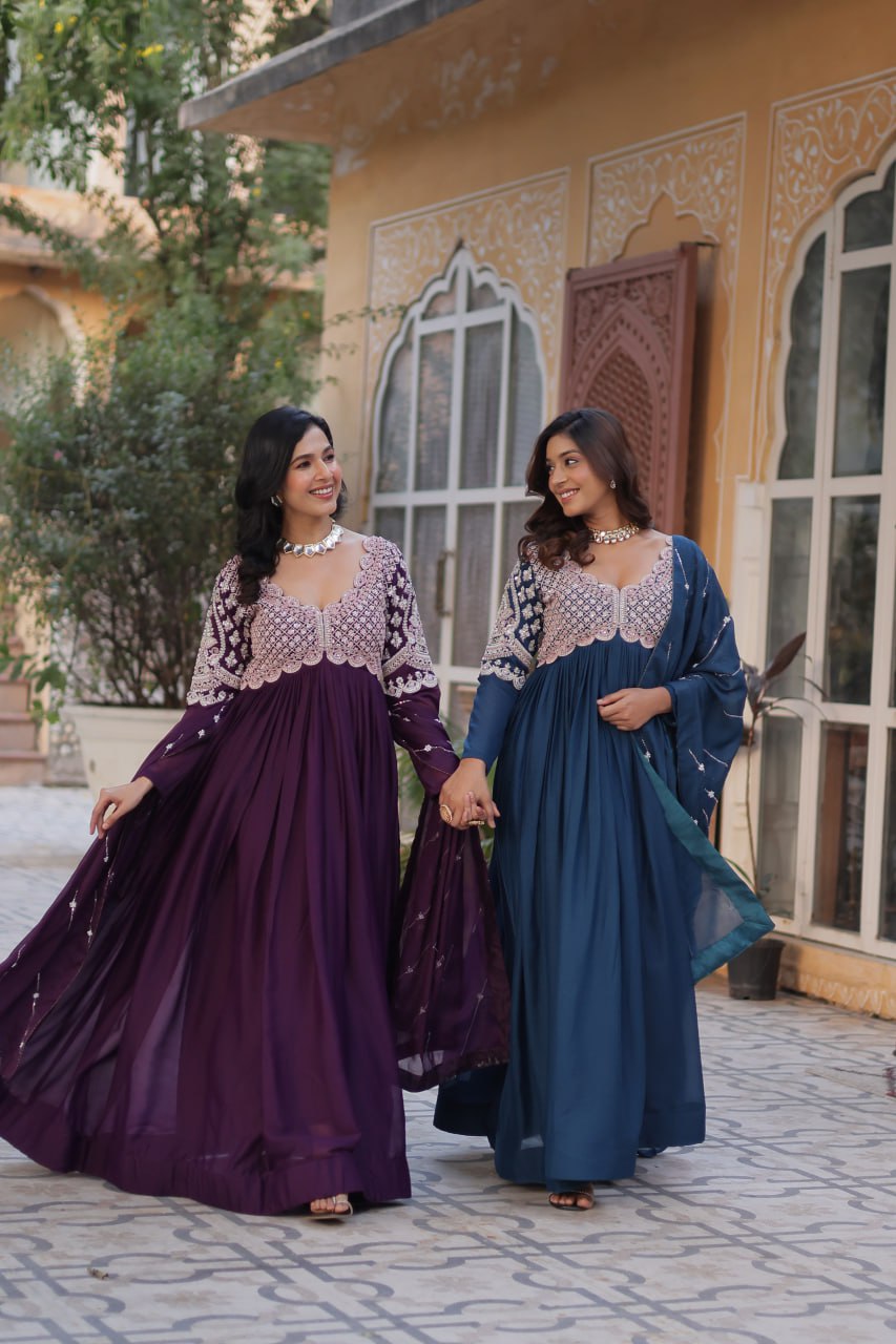 Ethereal Elegance – Embroidered Star Georgette Gown with Dupatta - Ethnicwish