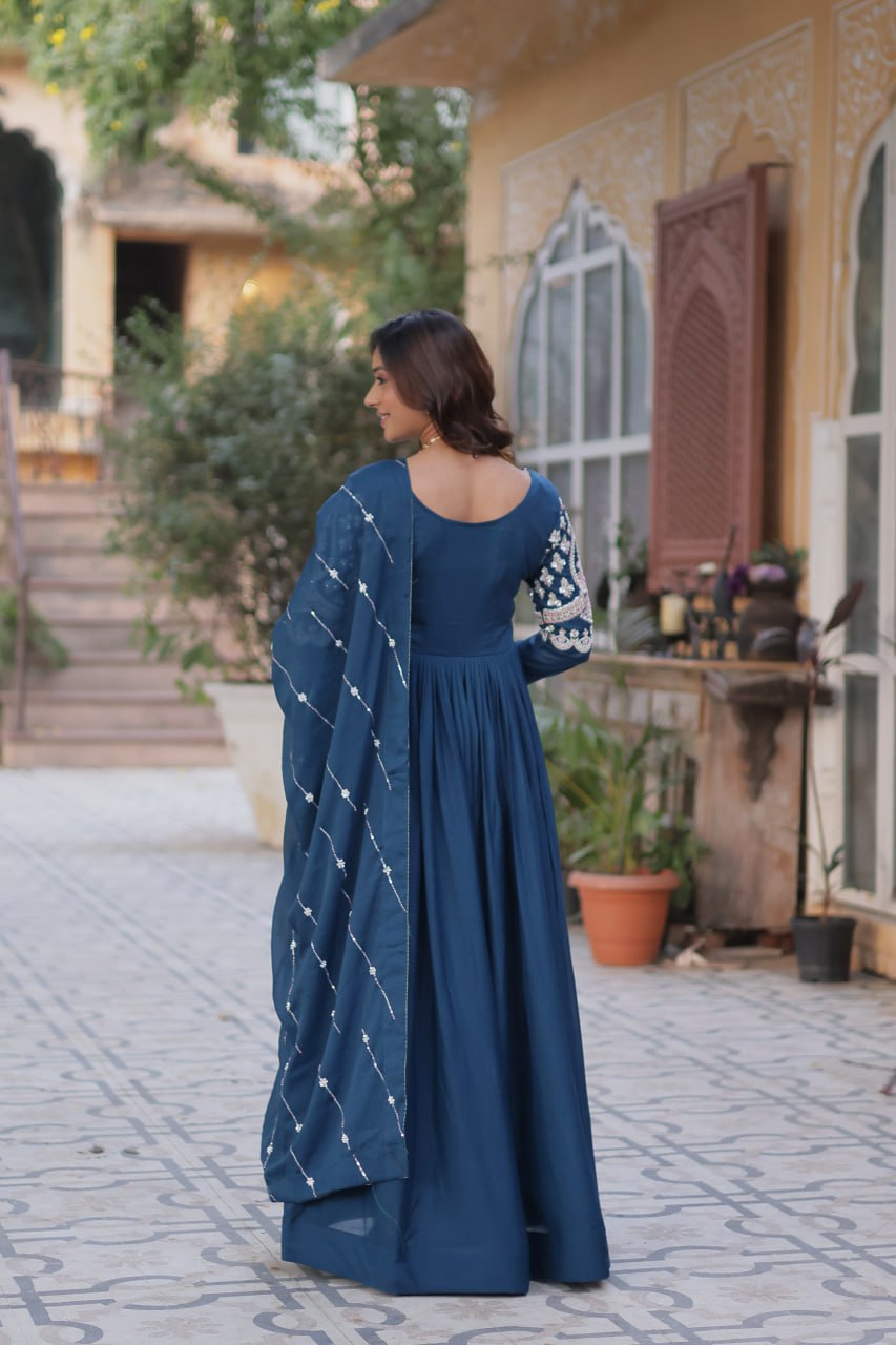 Ethereal Elegance – Embroidered Star Georgette Gown with Dupatta - Ethnicwish