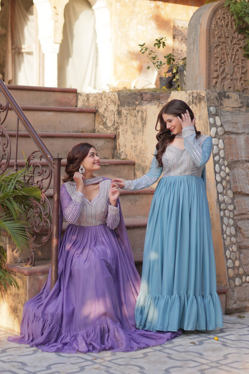 Exquisite Georgette Embroidered Beads Sequins Worked Gown With Dupatta - Ethnicwish