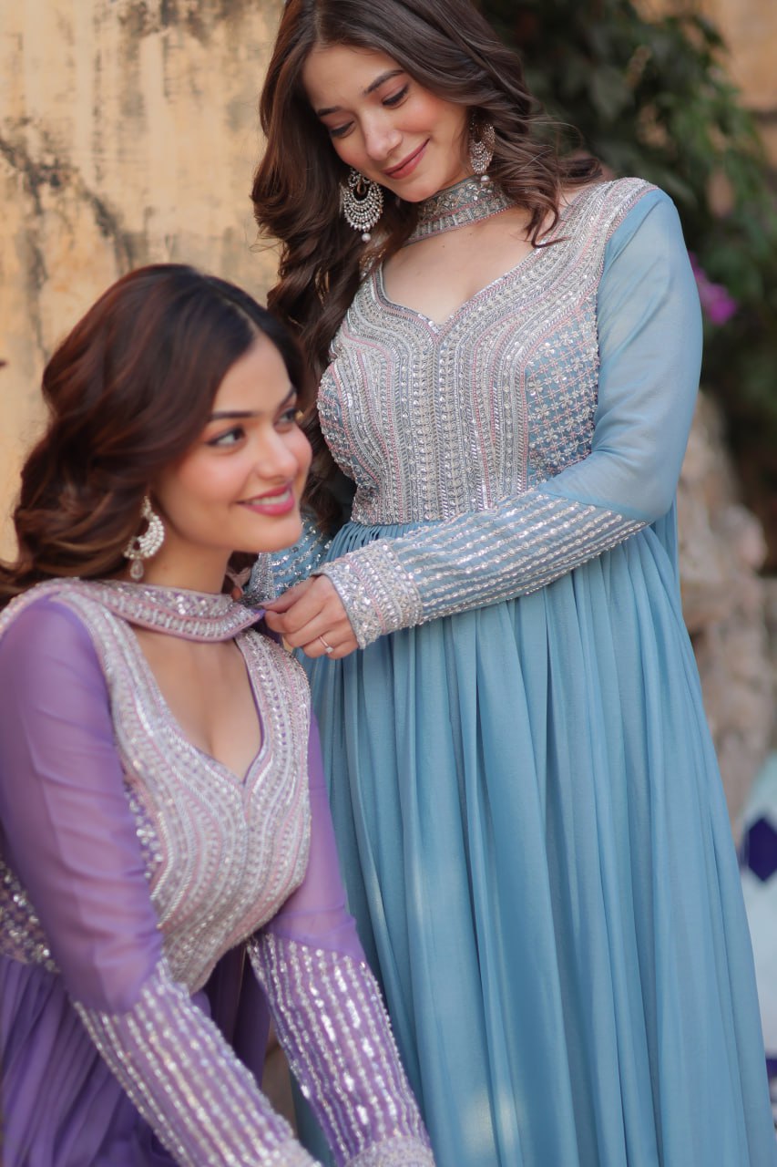 Exquisite Georgette Embroidered Beads Sequins Worked Gown With Dupatta - Ethnicwish