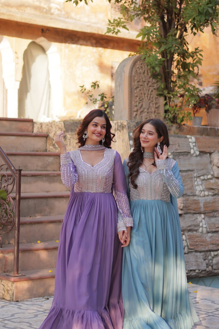 Exquisite Georgette Embroidered Beads Sequins Worked Gown With Dupatta - Ethnicwish