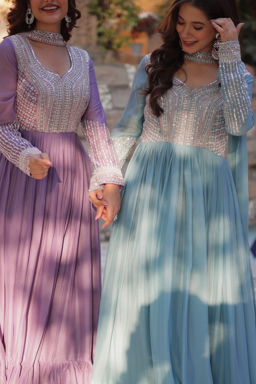 Exquisite Georgette Embroidered Beads Sequins Worked Gown With Dupatta - Ethnicwish