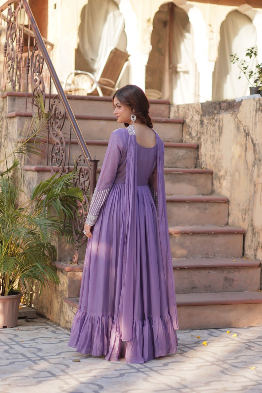 Exquisite Georgette Embroidered Beads Sequins Worked Gown With Dupatta - Ethnicwish