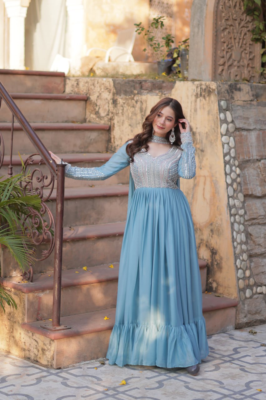 Exquisite Georgette Embroidered Beads Sequins Worked Gown With Dupatta - Ethnicwish