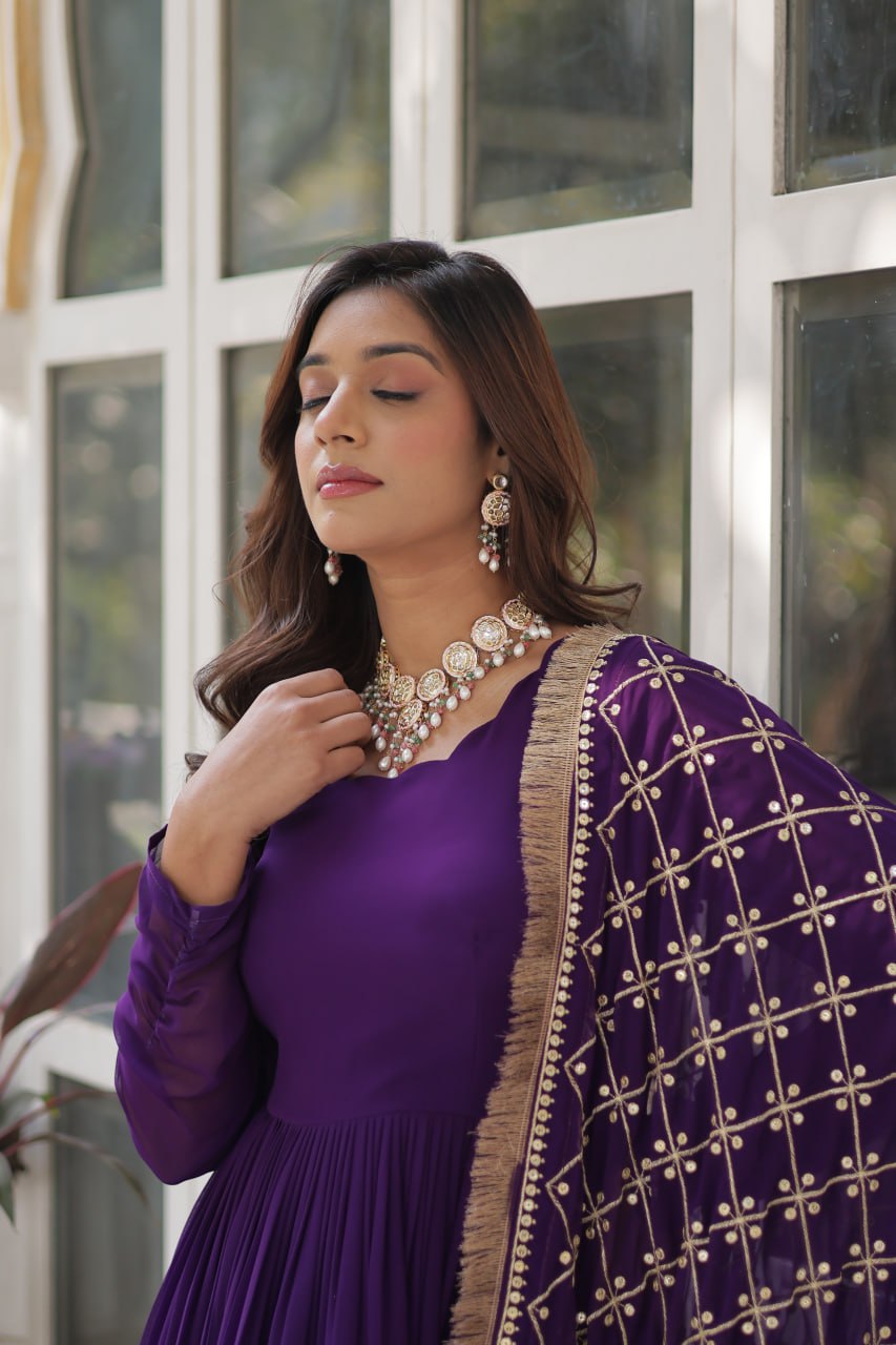 Elegant Faux Blooming Georgette Sequins Embroidered Gown Set - ETHNICDEAL