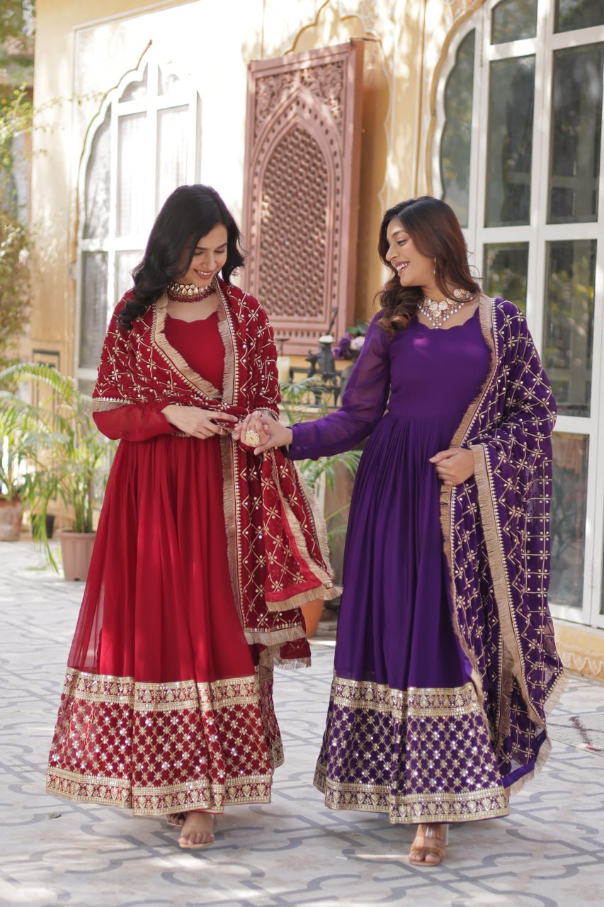 Elegant Faux Blooming Georgette Sequins Embroidered Gown Set - ETHNICDEAL