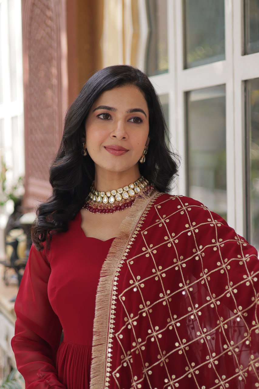 Elegant Faux Blooming Georgette Sequins Embroidered Gown Set - ETHNICDEAL