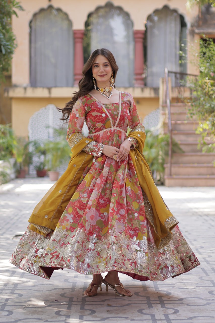 Elegant Russian Silk Anarkali Set With Embroidered Dupatta - ETHNICDEAL