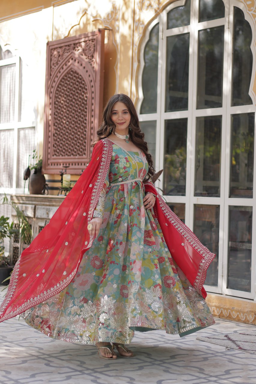 Elegant Russian Silk Anarkali Set With Embroidered Dupatta - ETHNICDEAL