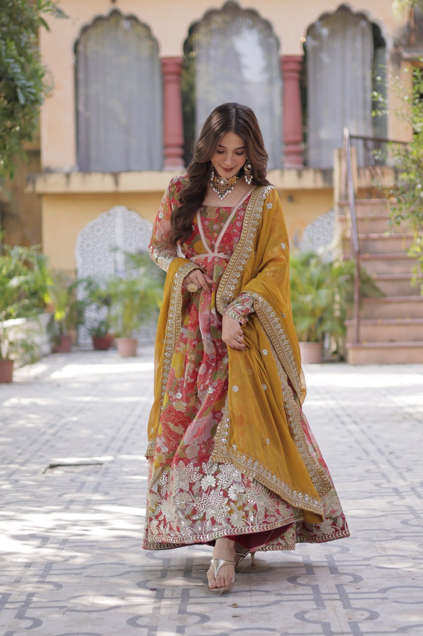 Elegant Russian Silk Anarkali Set With Embroidered Dupatta - ETHNICDEAL