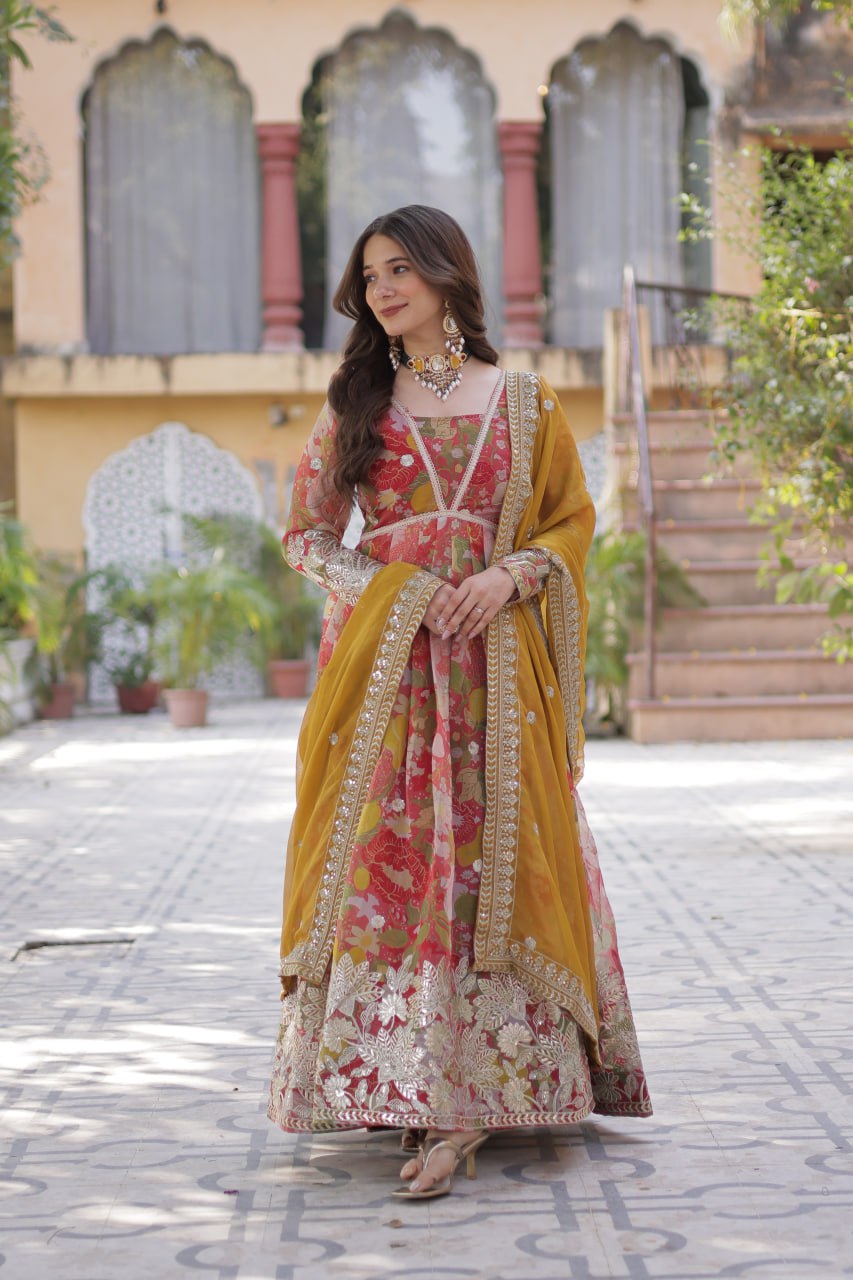 Elegant Russian Silk Anarkali Set With Embroidered Dupatta - ETHNICDEAL