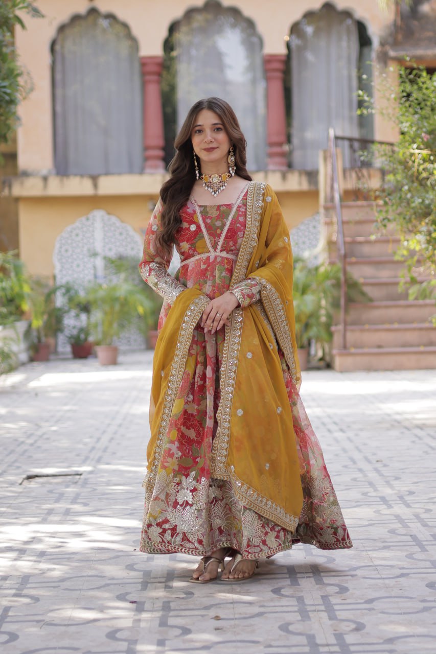 Elegant Russian Silk Anarkali Set With Embroidered Dupatta - ETHNICDEAL